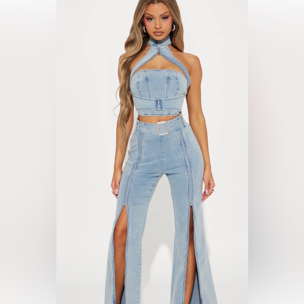 Fashion Nova Light Blue Denim 2 piece set